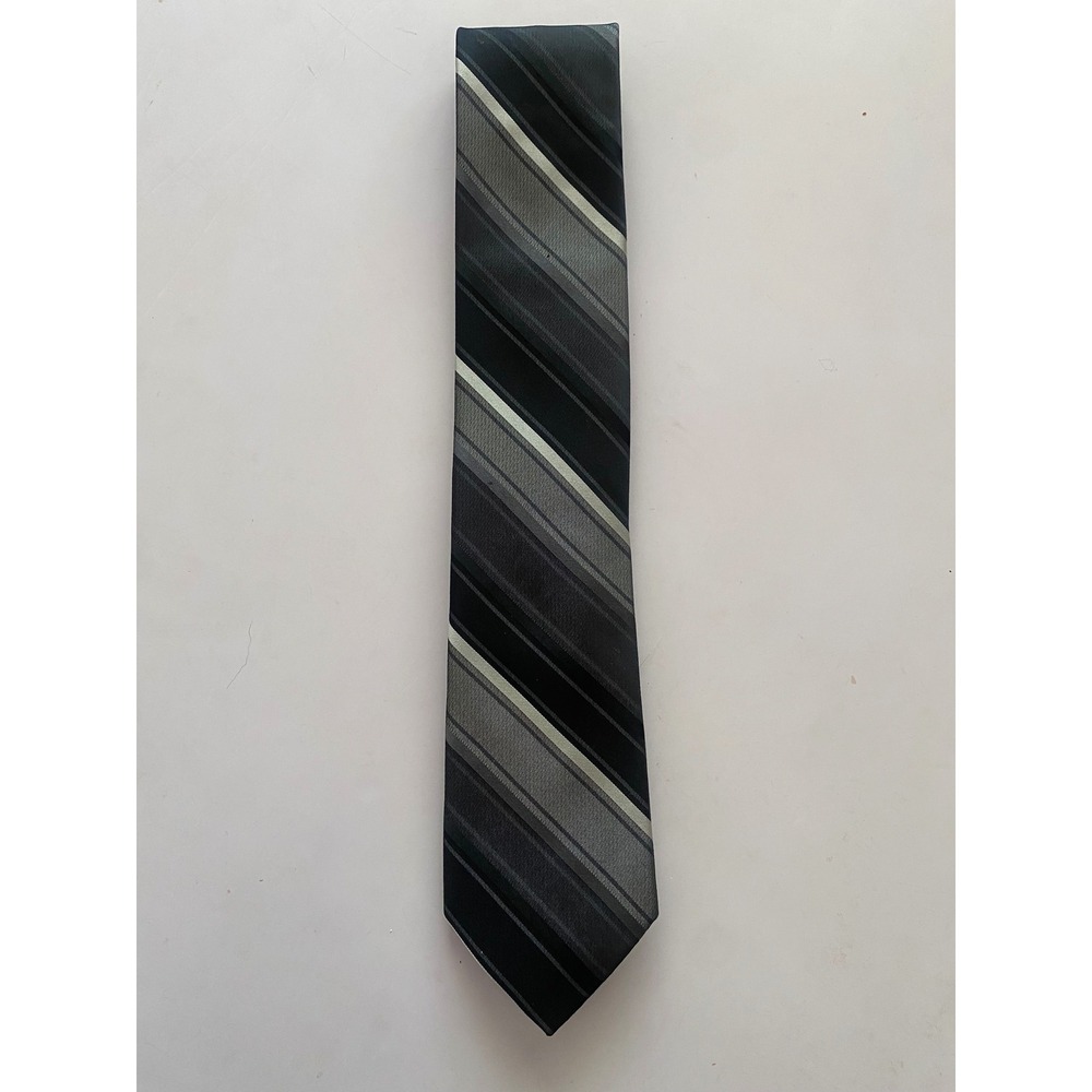 Calvin Klein Mens Silk Necktie Black Gray Silver Diagonal Striped Classic Tie